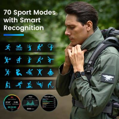 Walking outdoors with smart fitness recognition and 70 sport modes displayed on wearable device.