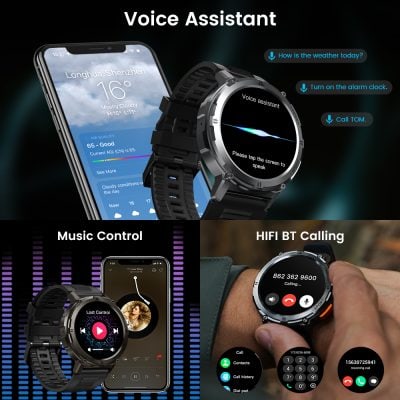 Voice assistant smartwatch with weather, alarm, and call features for health and fitness monitoring, compatible with smartphones.
