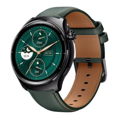 High-end smartwatch with green dial and leather strap, perfect for digital health and fitness tracking.