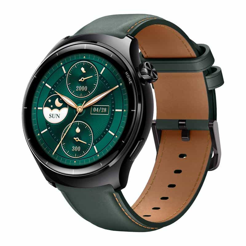 High-end smartwatch with green dial and leather strap, perfect for digital health and fitness tracking.