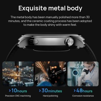 High-quality metal body smartwatch with ceramic coating, precision CNC craftsmanship, and corrosion resistance, offering durability and a stylish look for Modern Fitness and Style Enthusiasts.