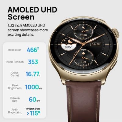 Luxury smartwatch featuring a stunning AMOLED UHD display with high-resolution clarity and vibrant colors. Perfect for tech enthusiasts and style-conscious consumers seeking premium wearable technology.