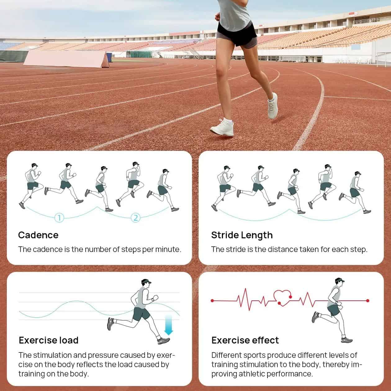 Running woman on athletic track, athlete preparing for sprint, sports performance, and physical fitness training.
