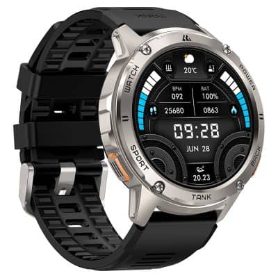 Elegant sports smartwatch with digital display, health tracking, fitness metrics, heart rate monitor, and weather forecast, ideal for active lifestyles.