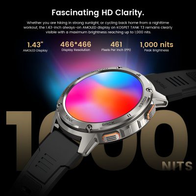 High-resolution smartwatch display showcasing advanced AMOLED technology, vivid color accuracy, and peak brightness for outdoor visibility, ideal for fitness and style enthusiasts.