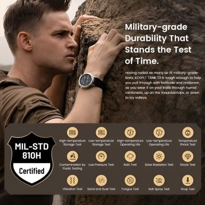 Military-grade durable smartwatch on a man's wrist with rugged outdoor background, showcasing resilience and toughness for demanding environments.