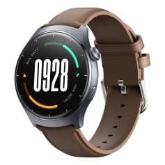 Modern smartwatch with health tracking features and a round digital display, leather band, and stainless steel case, ideal for fitness and lifestyle monitoring.