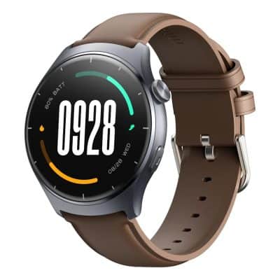 High-quality smartwatch with health tracking features, digital display, and stylish brown leather strap for men and women. Ideal for fitness monitoring, notifications, and daily use at Monalisa Store.