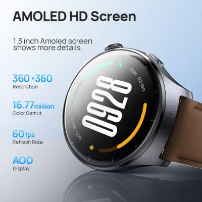 High-resolution smartwatch with 1.3 inch AMOLED display, featuring 360x360 resolution, bright color Gamut, 60 fps refresh rate, and advanced OLED display, perfect for modern wearable technology.