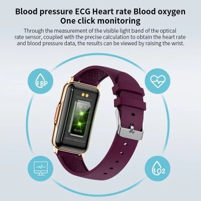 Blood pressure monitor smartwatch with heart rate, blood oxygen, and ECG tracking; stylish design, health monitoring, and fitness features.