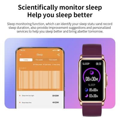 Sleep monitoring smartwatch with sleep analysis app, helping improve sleep quality through personalized insights and recommendations on sleep duration and patterns.