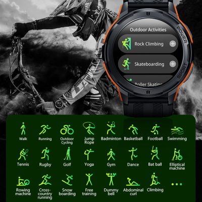 Wearable sports smartwatch with customizable outdoor activities including rock climbing, skateboarding, roller skating, and more for fitness tracking and outdoor sports enthusiasts.