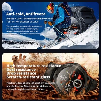 Anti-cold, antifreeze wristwatch for extreme environments, tested at -40°C, with durable scratch-resistant glass perfect for outdoor adventures and cold climates.