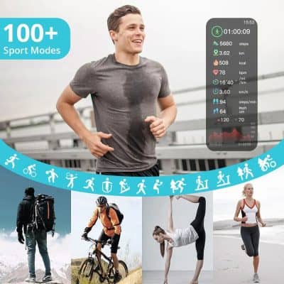 High-tech fitness tracker displaying real-time workout data, supporting 100+ sport modes for comprehensive health monitoring and activity tracking. Perfect for runners, cyclists, and outdoor enthusiasts.