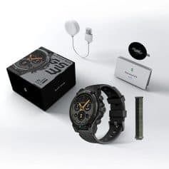 Black Shark GS3 smartwatch with accessories including charging cable, stand, and extra strap, displayed alongside packaging, highlighting its advanced fitness and tech features.