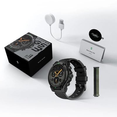 Black Shark GS3 smartwatch with accessories including charging cable, stand, and extra strap, displayed alongside packaging, highlighting its advanced fitness and tech features.