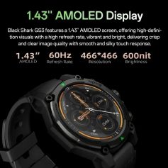Black Shark GS3 smartwatch featuring a 1.43-inch AMOLED display, high refresh rate, vibrant visuals, customizable watch faces, fitness tracking, and sleek sporty design, ideal for tech enthusiasts.