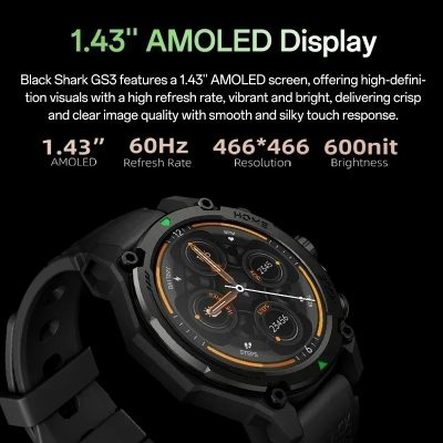 Black Shark GS3 smartwatch featuring a 1.43-inch AMOLED display, high refresh rate, vibrant visuals, customizable watch faces, fitness tracking, and sleek sporty design, ideal for tech enthusiasts.