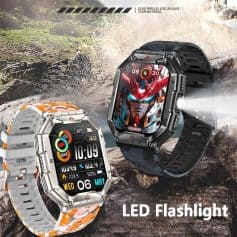 Smartwatch with LED flashlight feature, rugged design, water resistance, and fitness tracking, perfect for outdoor adventures and sports, available at Monalisa Store.