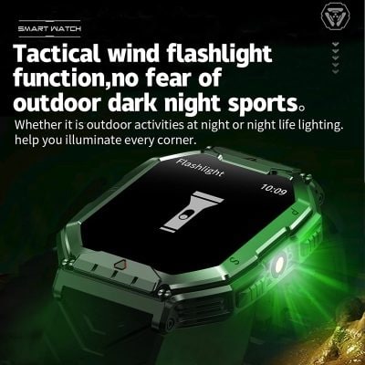 Tactical wind flashlight for outdoor sports, dark night activities, illuminating corners, portable tactical flashlight with smart watch feature, durable and powerful, ideal for night use.