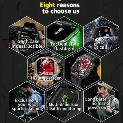 Smartwatch with durable tough case, tactical flashlight, HD large screen, Bluetooth call, multi-dimension health monitoring, ideal for sports coaching.
