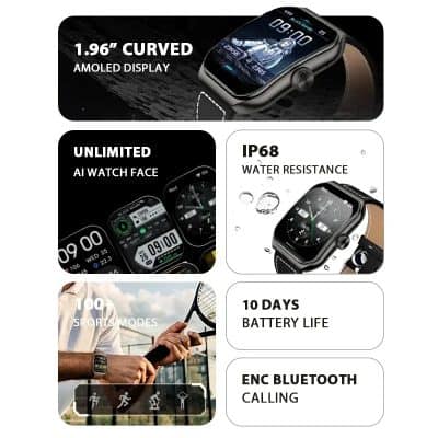 Smartwatch with curved AMOLED display, water resistance, unlimited AI watch face, 10-day battery life, sport modes, and Bluetooth calling features at Monalisa Store.