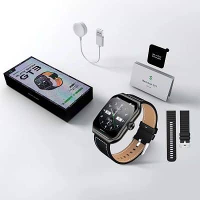 Smartwatch with interchangeable straps, Smart device, and accessories on white background.