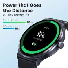High-resolution smartwatch with a black strap displaying charging percentage and battery life, emphasizing durable, long-lasting power for active lifestyles. Suitable for fitness and daily wear.