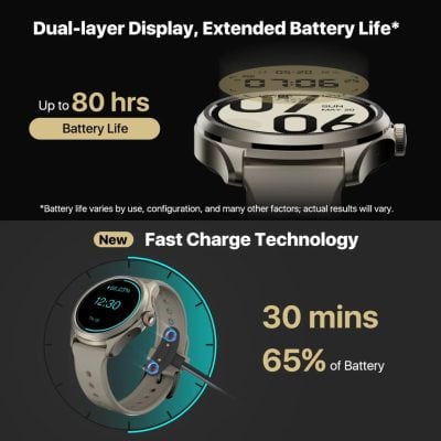 Extended battery life smartwatch with dual-layer display, quick charging, up to 80 hours battery duration ideal for health and fitness monitoring.