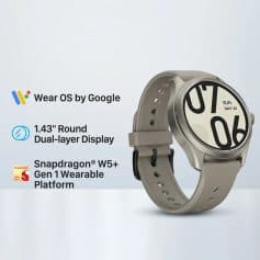 Smartwatch with Wear OS by Google, 1.43" round dual-layer display, featuring Snapdragon W5+ Gen 1 wearable platform for health, fitness, and connectivity.