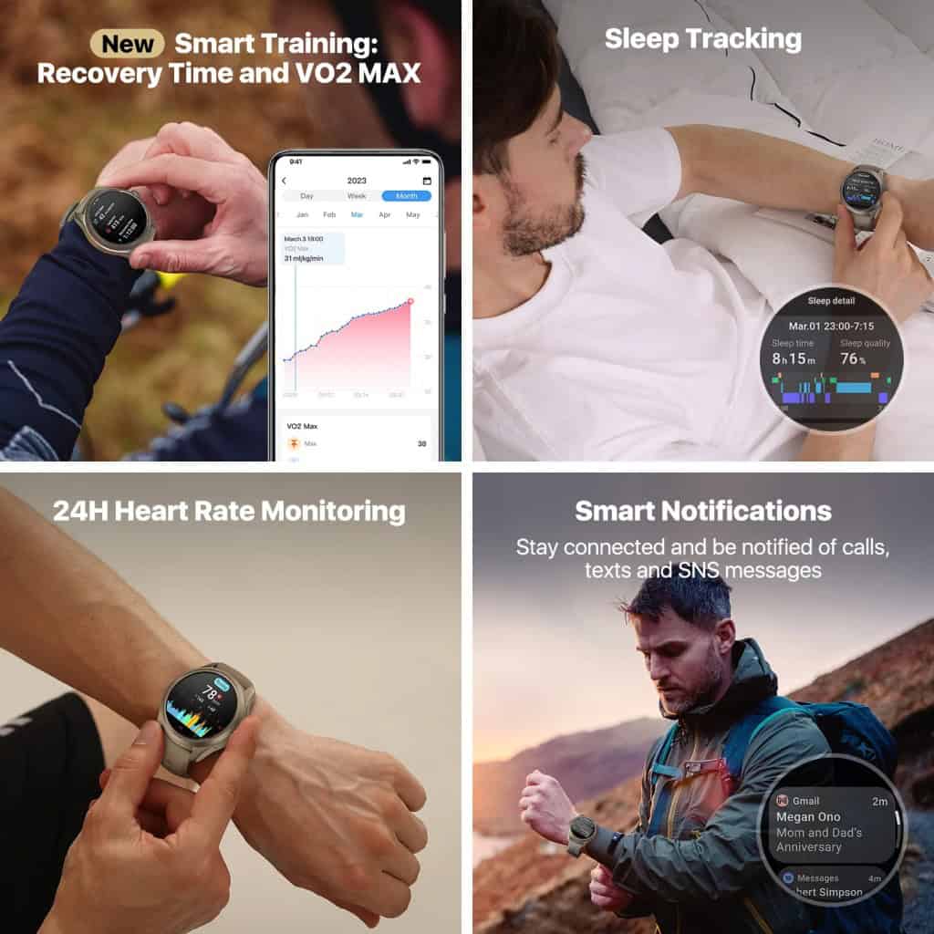 Wearable fitness smartwatch with sleep tracking, heart rate monitoring, VO2 max recovery training, and smart notifications for health-conscious individuals.