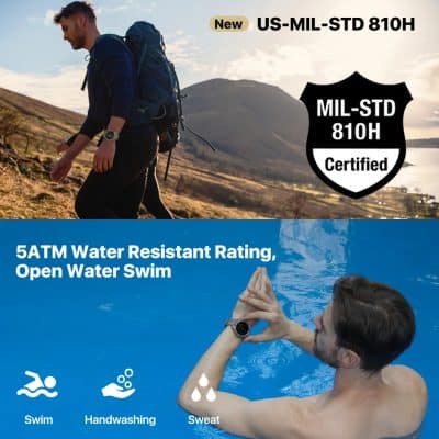 Durable US-MIL-STD 810H military-grade smartwatch waterproof and scratch-resistant for outdoor activities and water sports.