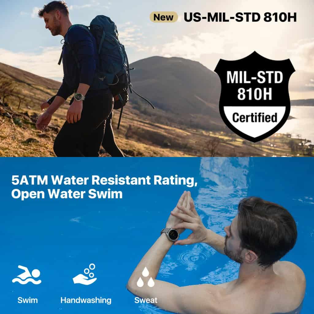 Durable US-MIL-STD 810H military-grade smartwatch waterproof and scratch-resistant for outdoor activities and water sports.