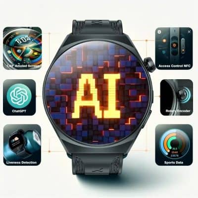 Smartwatch with AI display, AMOLED screen, access control NFC, rotary encoder, and fitness tracking, ideal for health and technology enthusiasts.