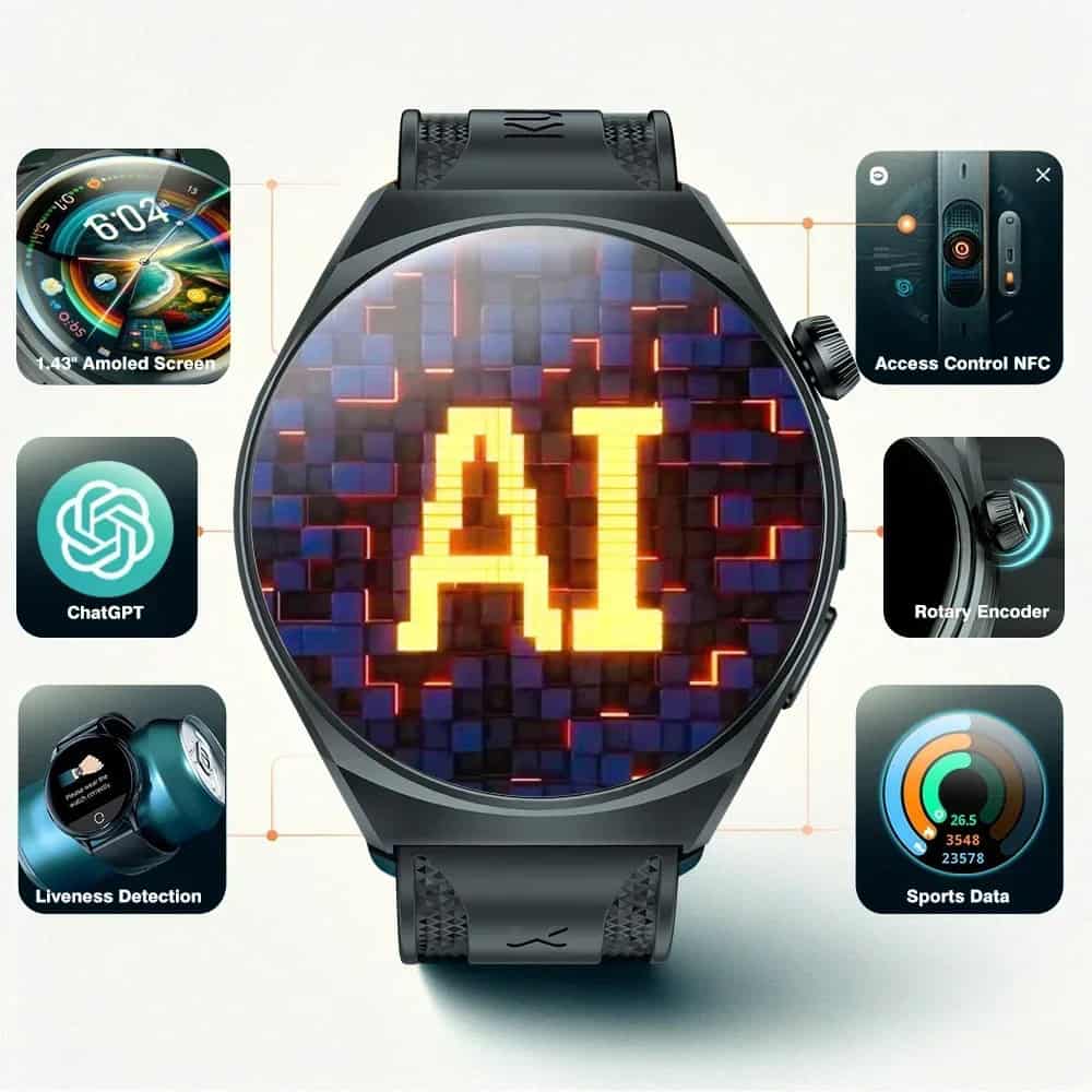 Smartwatch with AI display, AMOLED screen, access control NFC, rotary encoder, and fitness tracking, ideal for health and technology enthusiasts.