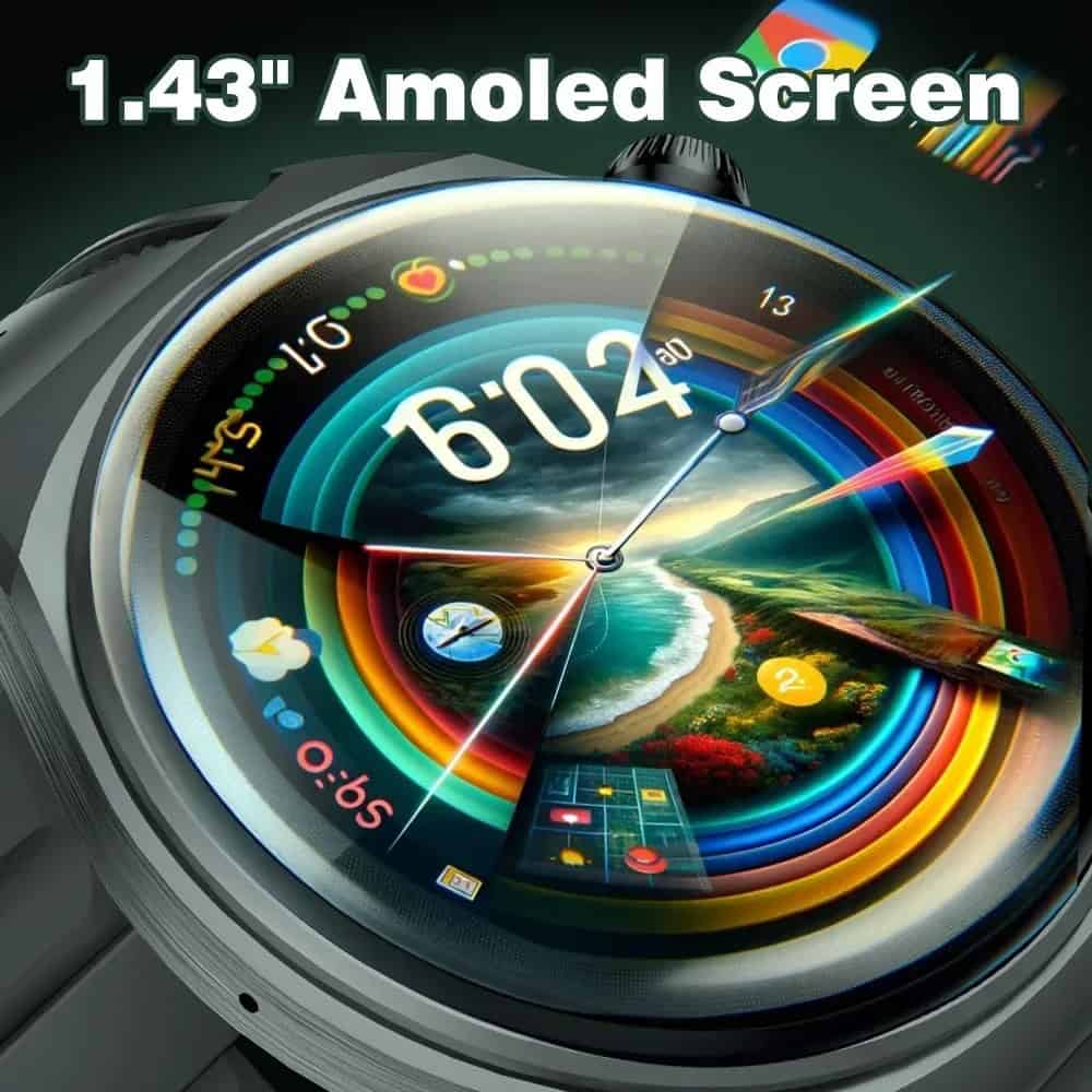 High-resolution Monalisa Store smartwatch displaying a 1.43" AMOLED screen with colorful dynamic watch face, perfect for fashion-forward tech enthusiasts seeking stylish wearable devices.