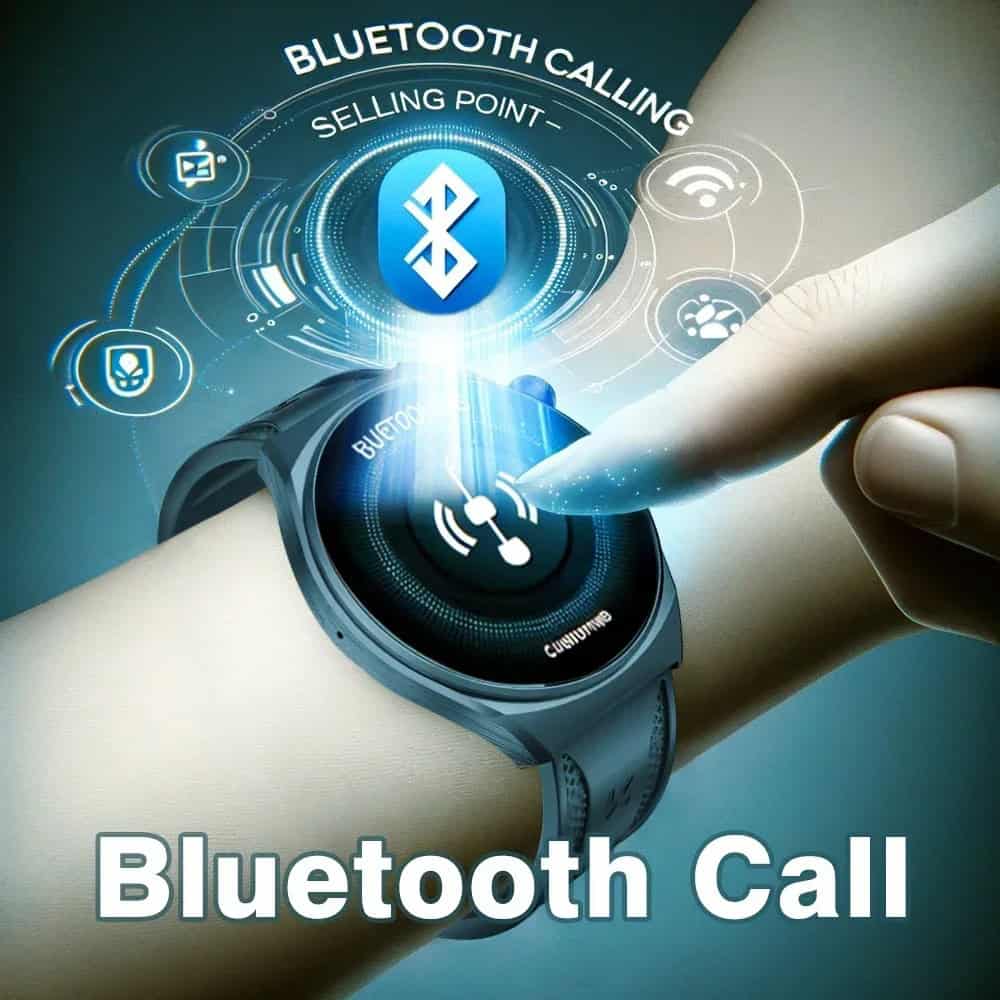 High-tech smartwatch displaying Bluetooth calling feature with a futuristic interface, highlighting wearable technology and connectivity options.