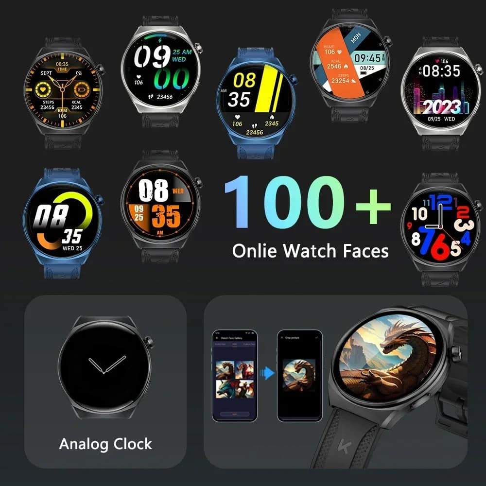 Modern smartwatch collection showcased with customizable watch faces, including digital, analog, fitness, and animated designs, available for online purchase at Monalisa Medical Store.