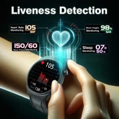 Monitoring health metrics with smartwatches at Monalisa Store, emphasizing wellness and digital health solutions, including heart rate, blood pressure, oxygen levels, and sleep tracking.