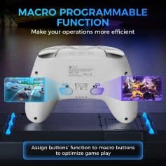High-tech gaming controller with macro programmable functions for enhanced game performance, featuring colorful game scenes in the background.