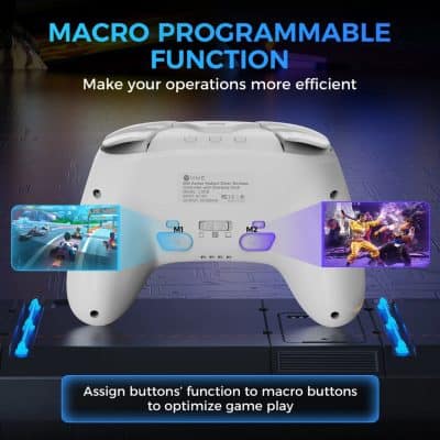 High-tech gaming controller with macro programmable functions for enhanced game performance, featuring colorful game scenes in the background.
