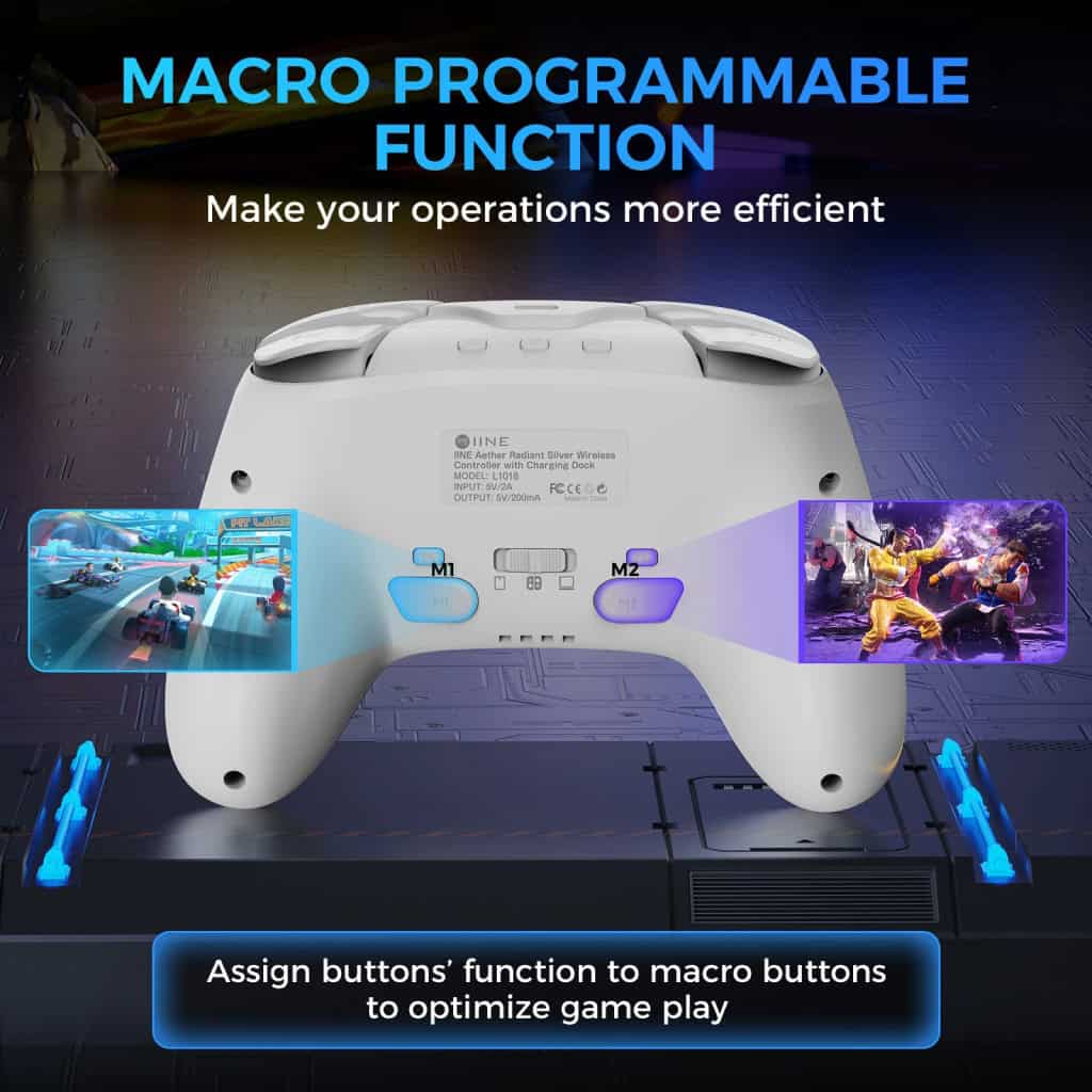 High-tech gaming controller with macro programmable functions for enhanced game performance, featuring colorful game scenes in the background.