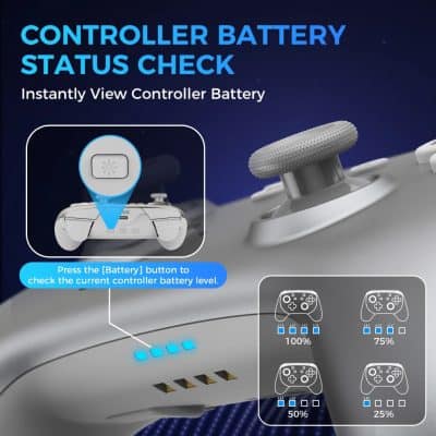 Battery status check for gaming controllers with LED indicators, offering instant visual battery level updates.