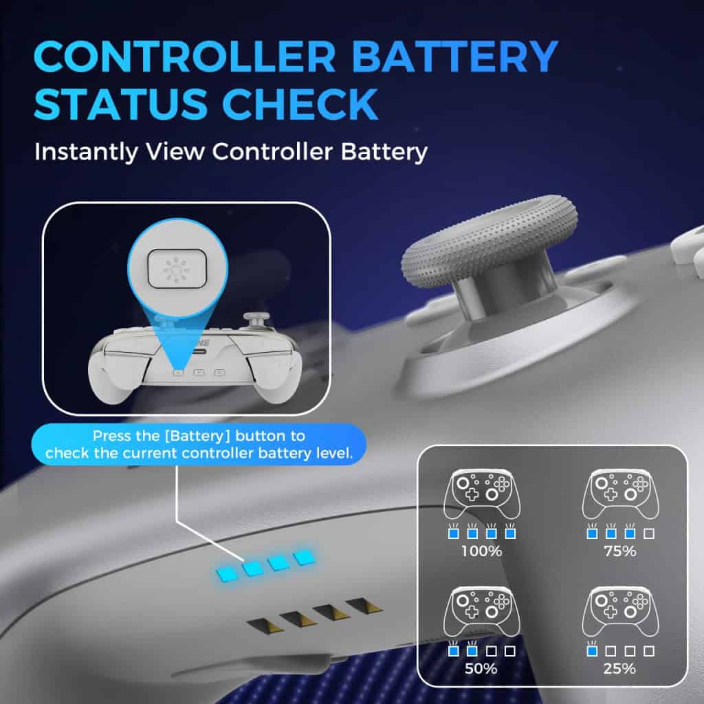Battery status check for gaming controllers with LED indicators, offering instant visual battery level updates.