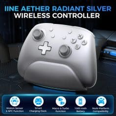 Wireless gaming controller with motion sensor, NFC, macro & turbo functions, 1000mAh battery, smart charging dock, and multi-platform compatibility for enhanced gaming experience.