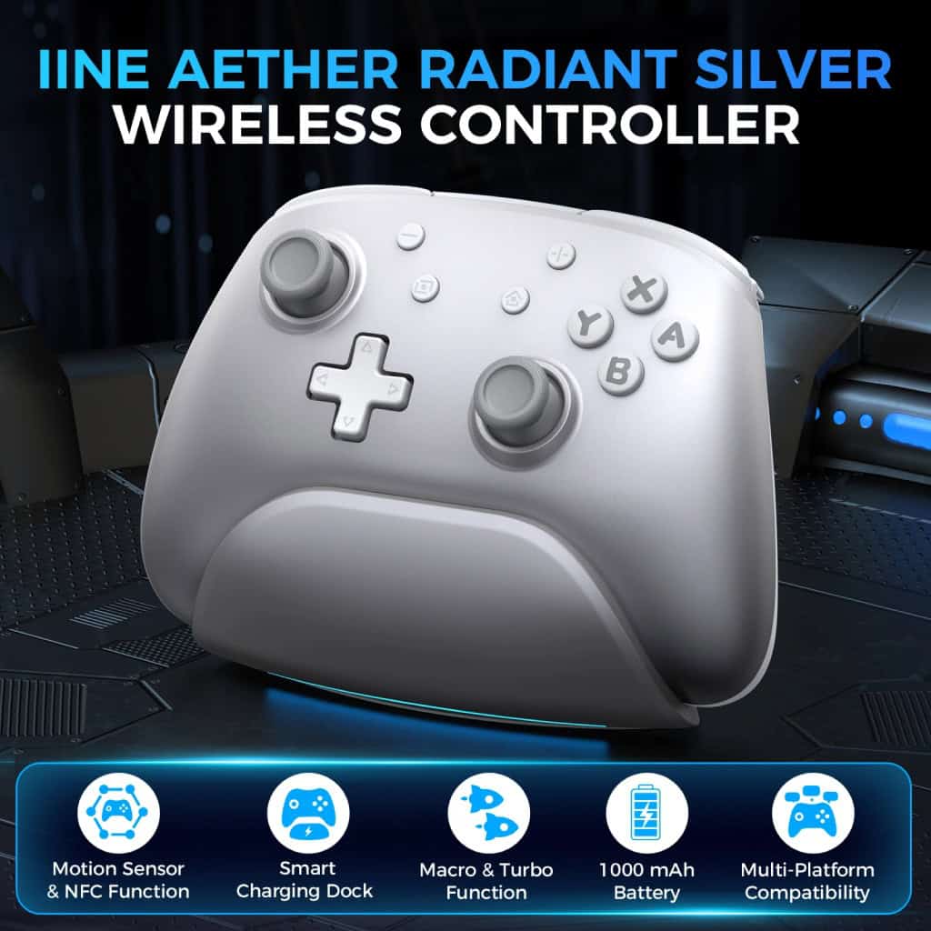 Wireless gaming controller with motion sensor, NFC, macro & turbo functions, 1000mAh battery, smart charging dock, and multi-platform compatibility for enhanced gaming experience.