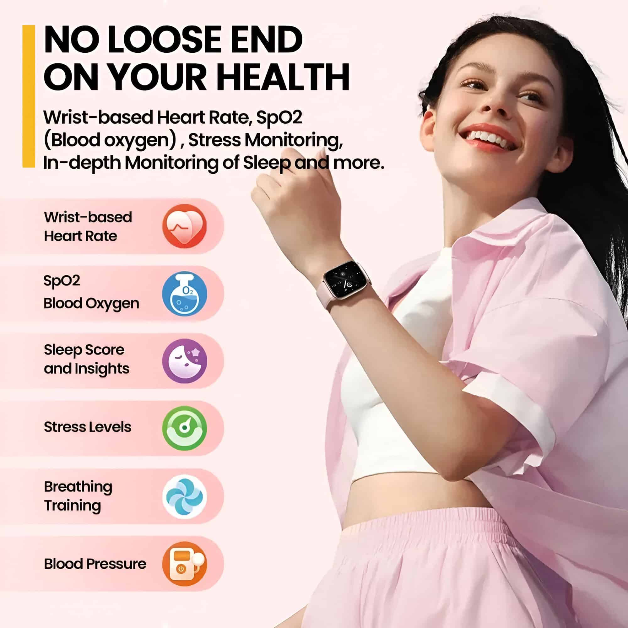 Wrist-based health monitoring smartwatch showcasing heart rate, SpO2, sleep insights, stress levels, breathing training, and blood pressure for improved health from Monalisa Store.