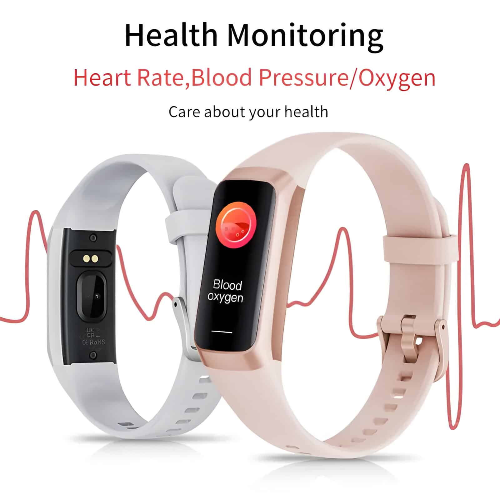 Fitness tracker smartwatches displaying health monitoring features including heart rate, blood pressure, and blood oxygen levels for everyday health management.