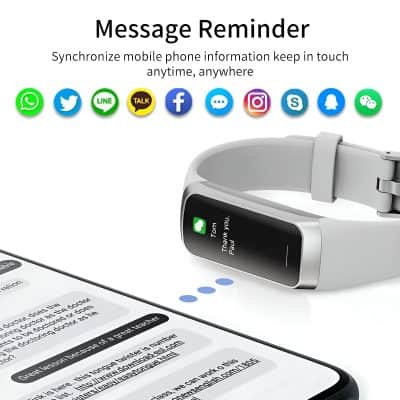 A smartwatch displaying a messaging notification with a smartphone nearby showing a conversation; social media icons for communication and connectivity.