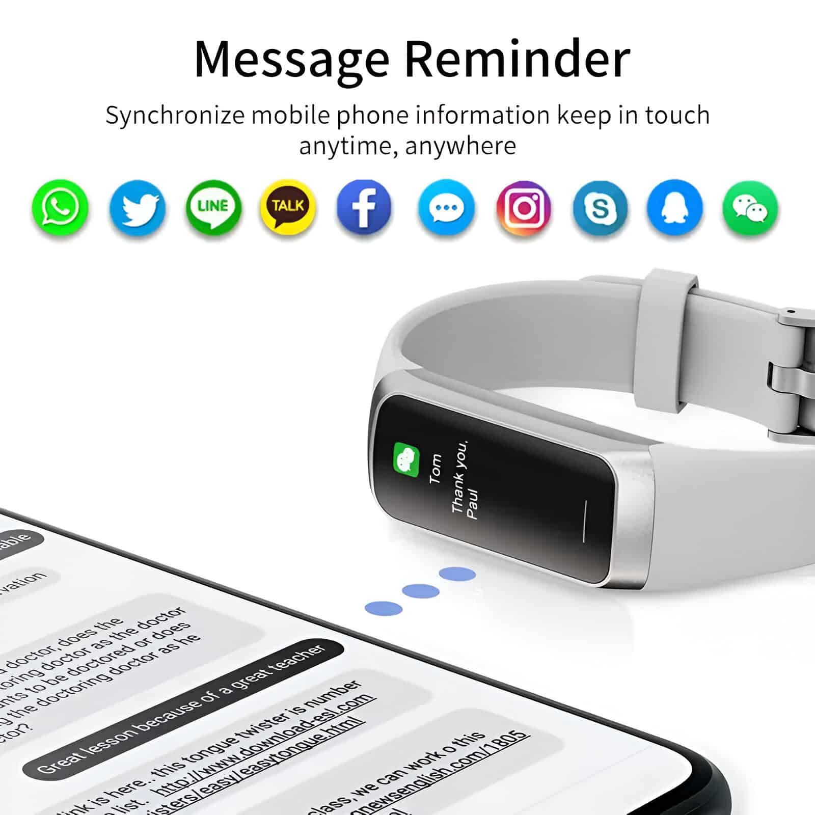 A smartwatch displaying a messaging notification with a smartphone nearby showing a conversation; social media icons for communication and connectivity.
